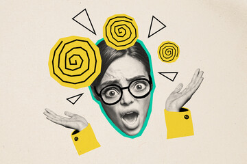 Creative trend collage of confused scared woman nerd manager terrified face frightened weird freak...