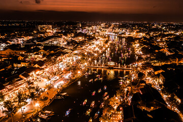 Old Town Hoi An at Night.  Aerial Drone Photo