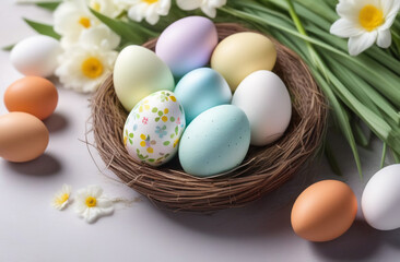 Fototapeta na wymiar Easter eggs in delicate pastel colors with white flowers, eggs in a nest