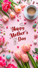 Happy Mother's Day inscription on a colored background, flowers, cup of coffee, candy, top view, layout, postcard, holiday, congratulation, lettering, bouquet, nature, breakfast