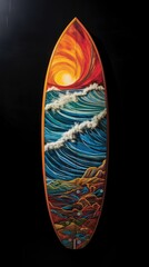 Painted surfboard on black background. Generative ai - obrazy, fototapety, plakaty