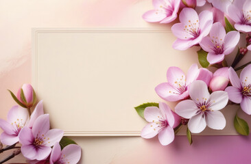 spring greeting card with blooming apple trees and a place for text on a pink background