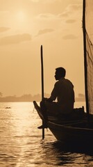 Silhouette of a fisherman sitting on a fishing boat in the morning. Gaze into the distance, Generative ai