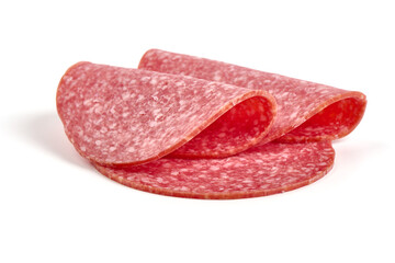 Salami slices isolated on white background.