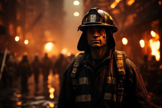 A firefighter stands stoically in the pouring rain, his hard hat gleaming under the streetlights as he prepares to battle the flames and protect his community