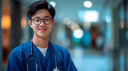Jóvenes enfermeros o médicos sonriendo en el pasillo del hospital