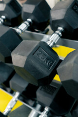 close-up many sports dumbbells on the rack in the gym equipment for training with different weights