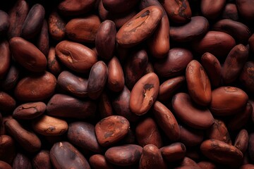 A macro shot of cocoa beans arranged in a pattern, highlighting their textured surfaces and rich brown colors.