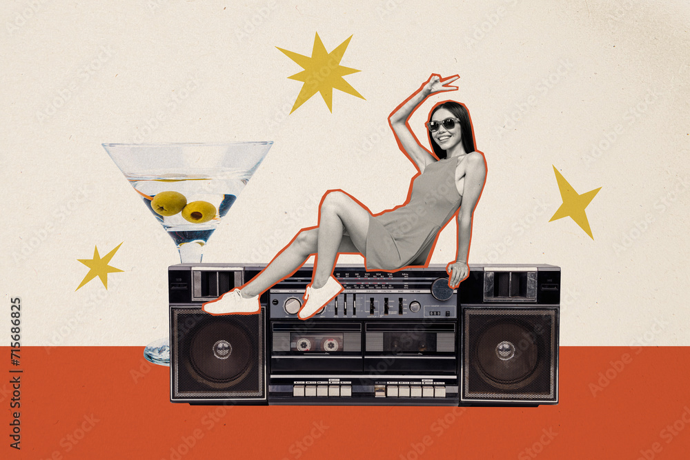 Canvas Prints Artwork collage image of mini black white effect girl sit huge boombox demonstrate v-sign alcohol cocktail glass isolated on beige background