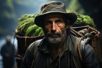 A rugged man with a distinguished beard and stylish hat walks confidently down the street, exuding an air of effortless fashion and masculine charm