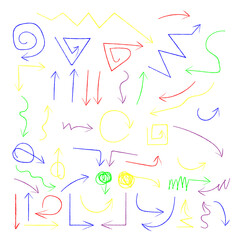 Colored doodle arrows and lines. Straight or curly line points in particular direction. Color isolated illustrations