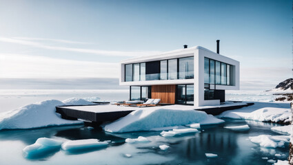 Icebergs Floating In A Glacial. Dream Modern House luxury on the of winter . Building Exterior luxury of living room with sea view 