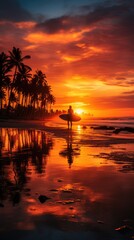 Fototapeta na wymiar Surfer and the sunset on the tropical beach paradise island. Generative ai