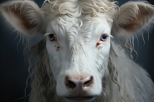 A serene dairy cow stands in a lush green field, her white coat glistening in the sun as she gazes curiously with her large snout and attentive ear, embodying the peaceful nature of this majestic bov