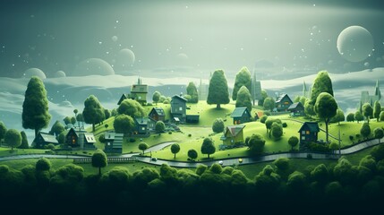 Green city concept , small green town with trees and grass