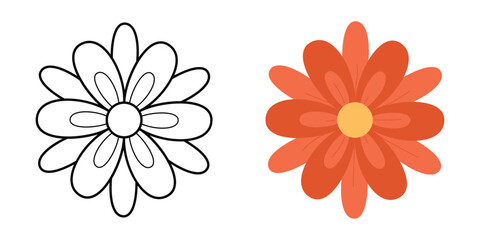 Abstract flower top view - linear and flat styles. Vector illustration isolated on white background