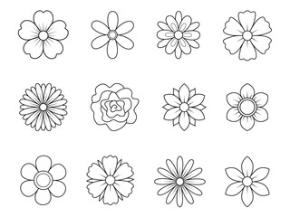 Outline abstract flowers, top view. Spring flora. Flat vector illustration on white background
