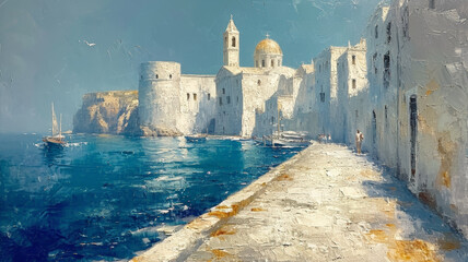 Impressionist seascape of a French Mediterranean coastline with an ancient fortress and sailing boats under a clear sky.