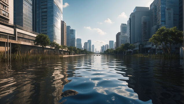 Coastal City Experiencing Flooding From Rising Sea Levels With Buildings Partially Submerged. Water Flooded A Large Street. Disaster