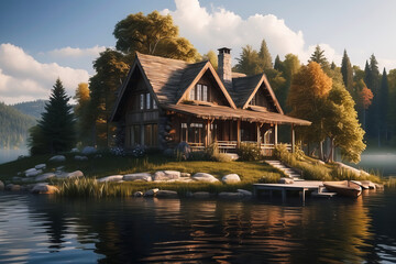 Fototapeta premium Beautiful wooden house near lake. Wooden log house on the shore of a picturesque lake, river. Loneliness in the forest or solitude from the hustle and bustle