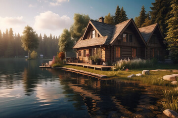 Obraz premium Beautiful wooden house near lake. Wooden log house on the shore of a picturesque lake, river. Loneliness in the forest or solitude from the hustle and bustle