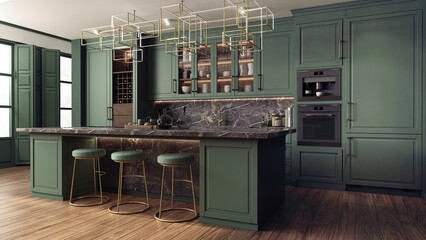 The interior of the kitchen was designed as a combination of classic modern and glamour styles. Dark green decorative fronts of cabinets harmonize with black marble and golden details. 3d illustration
