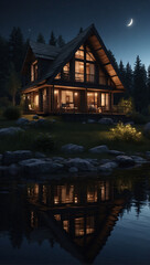 Beautiful wooden house night. Wooden log house on the shore of a picturesque lake, river. Loneliness forest solitude from hustle. vertical frame