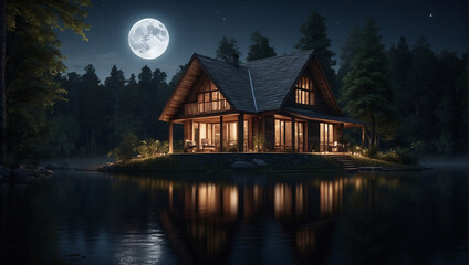 Beautiful wooden house night. Wooden log house on the shore of a picturesque lake, river. Loneliness in the forest or solitude from the hustle and bustle