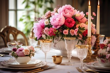 A beautifully decorated birthday table with a centerpiece of fresh flowers, adding elegance to the celebration.