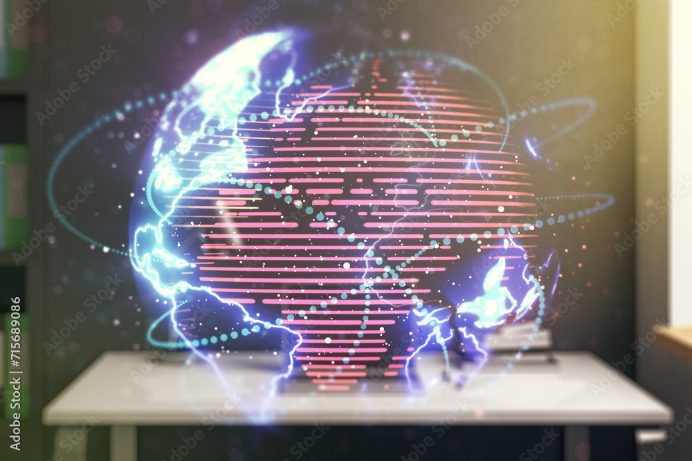Poster double exposure of abstract digital world map with connections and modern desk with computer on back