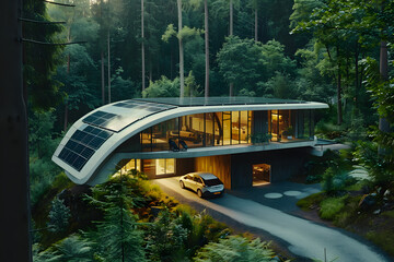 Modern zero energy house in the forest. Green technology. Electric carport and a solar-powered residence. Eco-friendly living with zero emissions and renewable energy. - obrazy, fototapety, plakaty