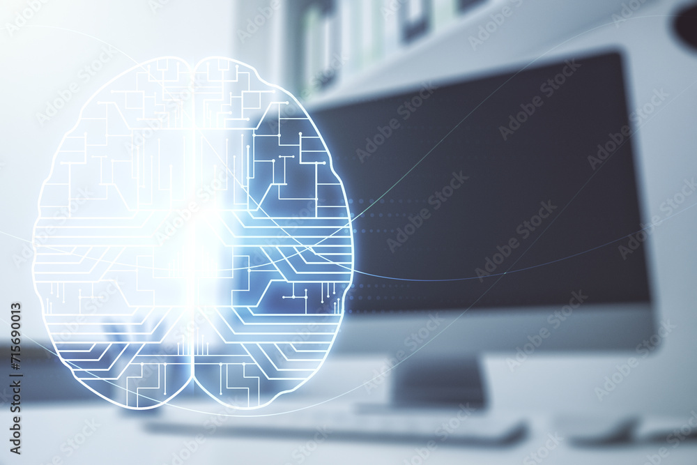 Fototapete double exposure of creative artificial intelligence symbol and modern desktop with laptop on backgro