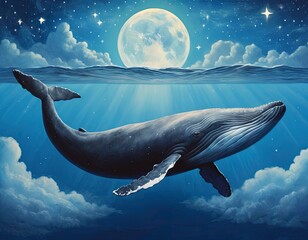 surrealistic whale underwater, the night sky with moon, starry sky. Good for postcards, story book, poster, book cover, nursery and canvas. Generative AI - obrazy, fototapety, plakaty