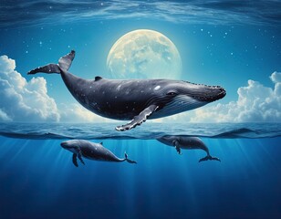 surrealistic whale flying over the water, the night sky with moon, starry sky. Mother whale with little whales. Good for postcards, poster, book cover, nursery and canvas. Generative AI	 - obrazy, fototapety, plakaty