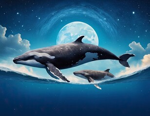 surrealistic two whale flying over the water, the night sky with moon, starry sky. Mother whale with little whale. Good for postcards, poster, book cover, nursery and canvas. Generative AI	
