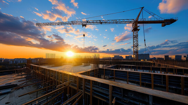 Sunset at construction site, building with steel beams.