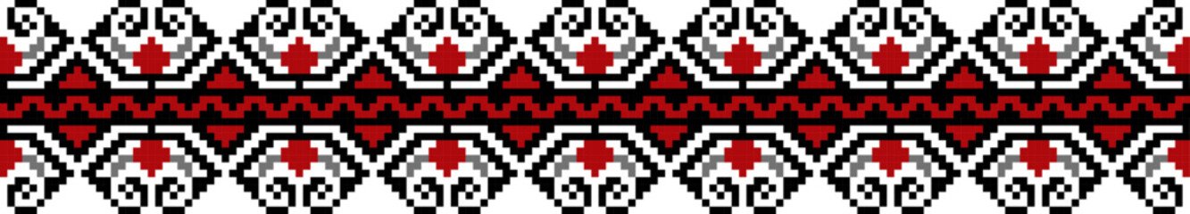 Set of editable colorful seamless ethnic Ukrainian traditional cross stitch patterns for embroidery stitch. Floral and geometric ornaments. Vector illustration