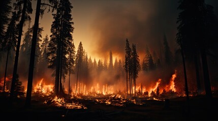Devastating Wildfire Engulfs Forest at Dusk - obrazy, fototapety, plakaty
