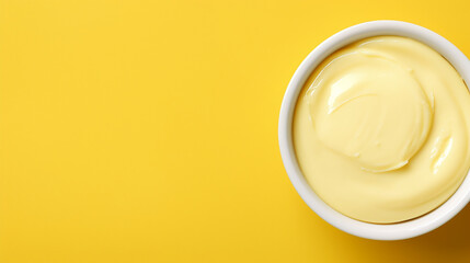 Bowl with melted butter or cheese on yellow background, top view, copy space. Dairy products - obrazy, fototapety, plakaty