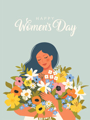 Cute woman holding a bouquet of flowers in her hands. Spring holiday vector illustration in Scandinavian simple style. Romantic girl hugging International women day