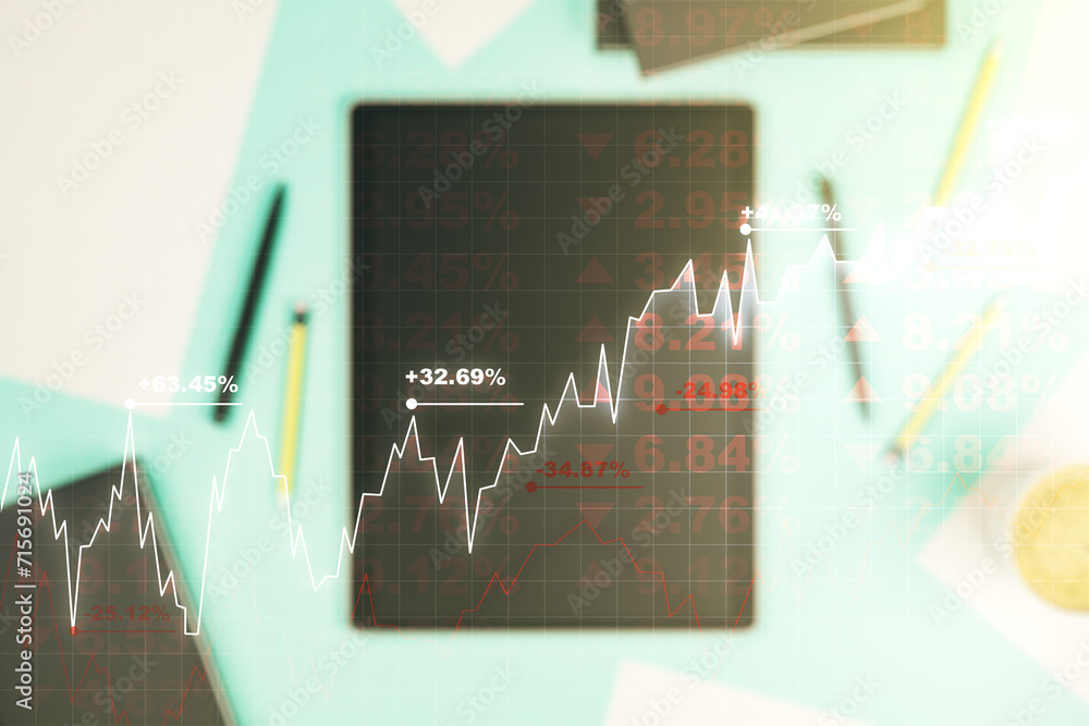 Poster double exposure of abstract creative financial chart and digital tablet on background, top view, res