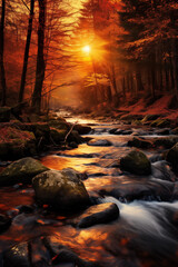 Sunrise in a autumnal forest and river