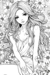 Anime girl. Illustration for adult coloring book. Anti stress therapy