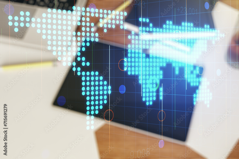 Aufkleber multi exposure of abstract graphic world map and modern digital tablet on desktop on background, top