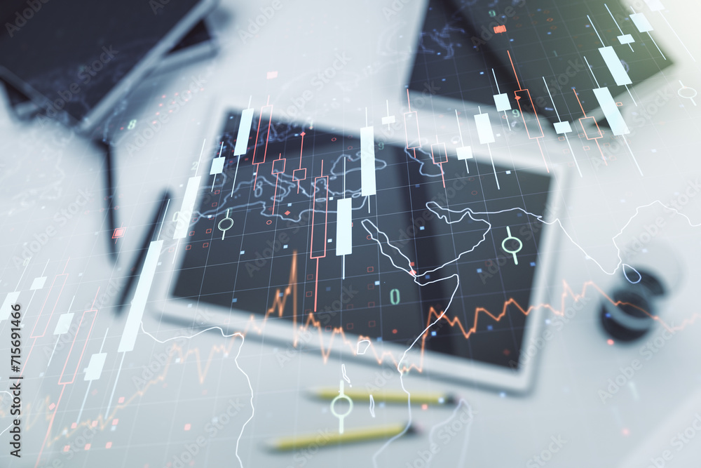 Poster multi exposure of abstract financial diagram with world map and modern digital tablet on background,
