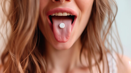 Woman with pill on tongue, health supplement concept.
 - obrazy, fototapety, plakaty