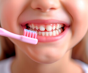 Child brushing teeth, dental hygiene and care routine.
