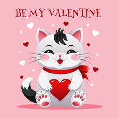 Greeting card with a cat and a heart for Valentine's Day. Valentine card with cute animals in cartoon style. Vector illustration.