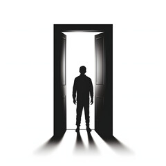 Dark silhouette of a person in a doorway, suggesting a sense of entrapment or desperation isolated on white background, cartoon style, png
