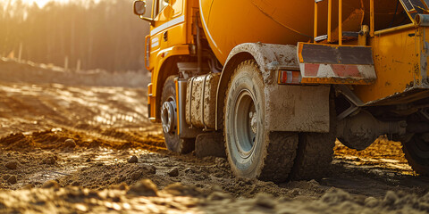 Yellow cement truck at a construction site - obrazy, fototapety, plakaty